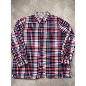 LL Bean Mens L Fleece Lined Plaid Flannel Shirt Jacket Pink Blue Outdoor Classic